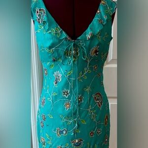 NWOT Teal Silk Dress. Adorned w Sequins, Embroidered Floral & Painted Leaves!
